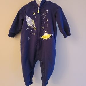 Navy Blue space ship one piece footless hooded pram suit